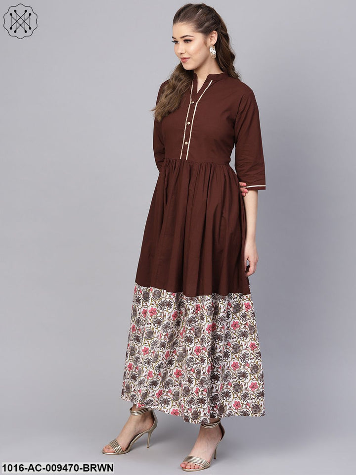 Dark Brown Maxi DressWith Printed Border &amp; Front Placket With Madarin Collar