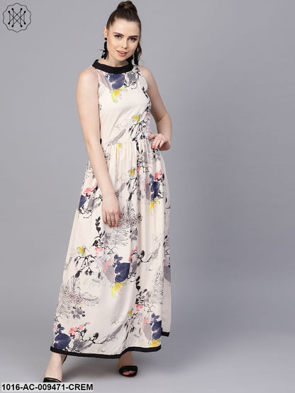 Cream Floral Sleeveless Printed Maxi Dress