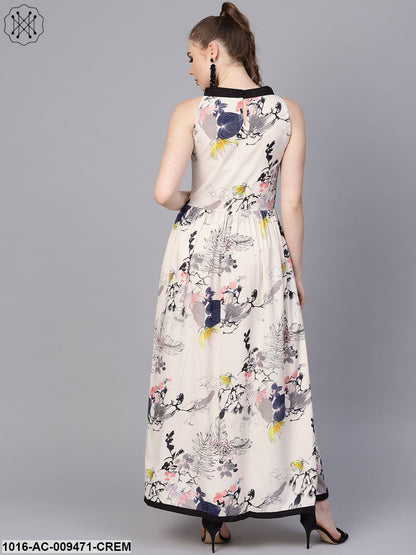 Cream Floral Sleeveless Printed Maxi Dress