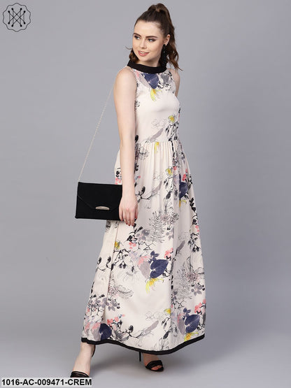 Cream Floral Sleeveless Printed Maxi Dress