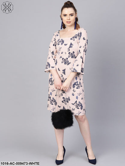 White Butterfly Printed Dress With Square Neck