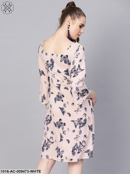 White Butterfly Printed Dress With Square Neck