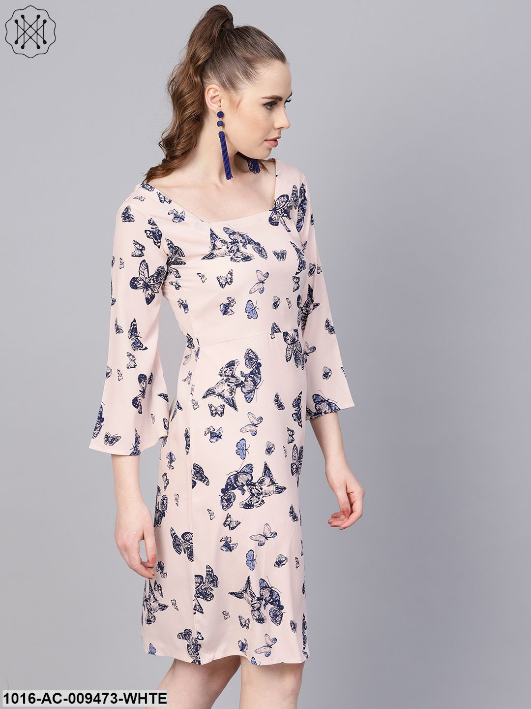White Butterfly Printed Dress With Square Neck