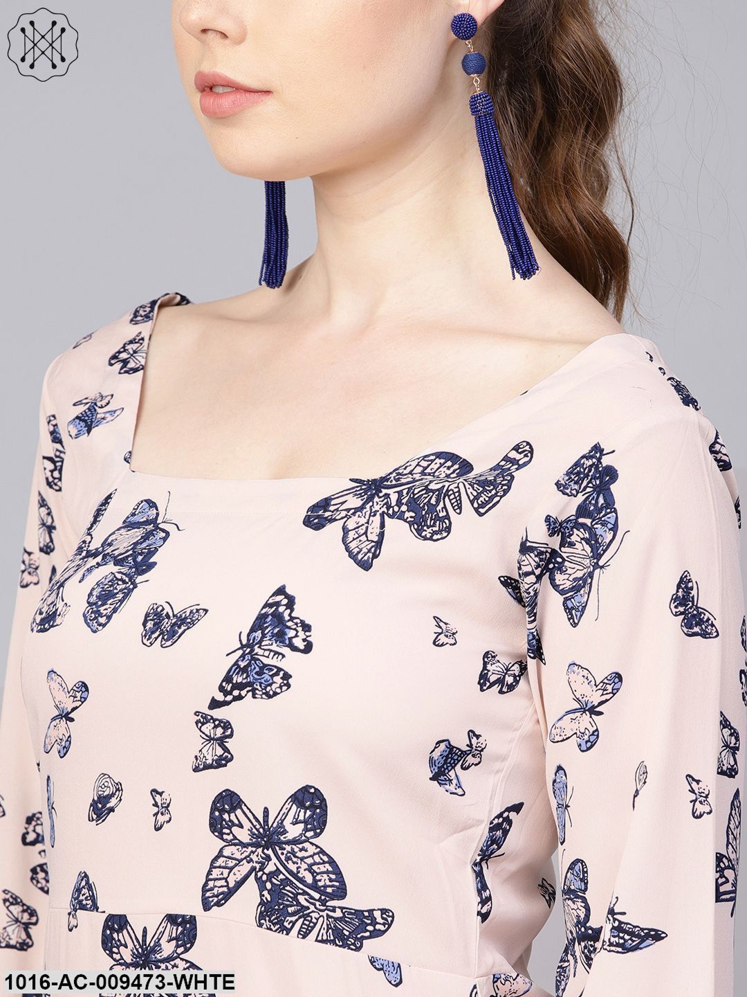 White Butterfly Printed Dress With Square Neck