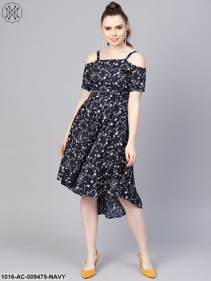 Navy Blue Floral Printed Dress With Shoulder Strap & Detailed Sleeves