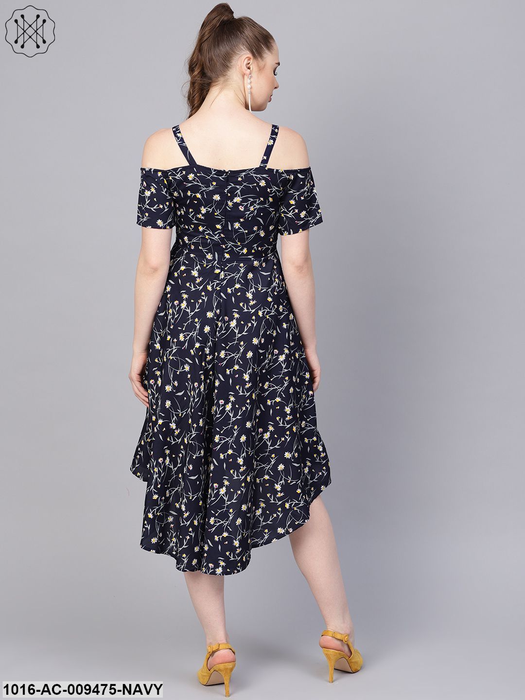 Navy Blue Floral Printed Dress With Shoulder Strap Detailed