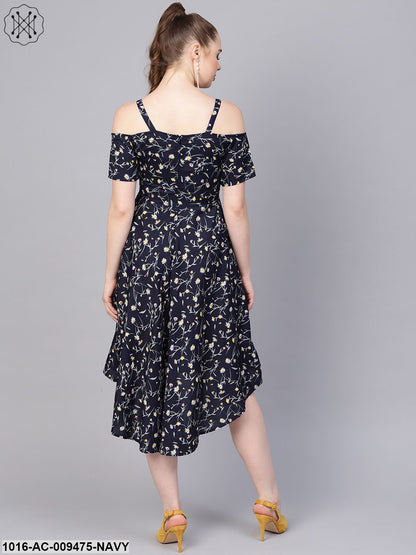 Navy Blue Floral Printed Dress With Shoulder Strap & Detailed Sleeves