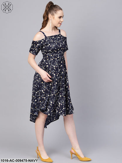 Navy Blue Floral Printed Dress With Shoulder Strap & Detailed Sleeves