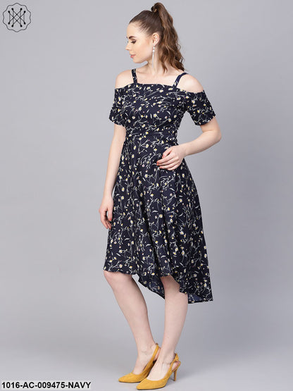 Navy Blue Floral Printed Dress With Shoulder Strap & Detailed Sleeves