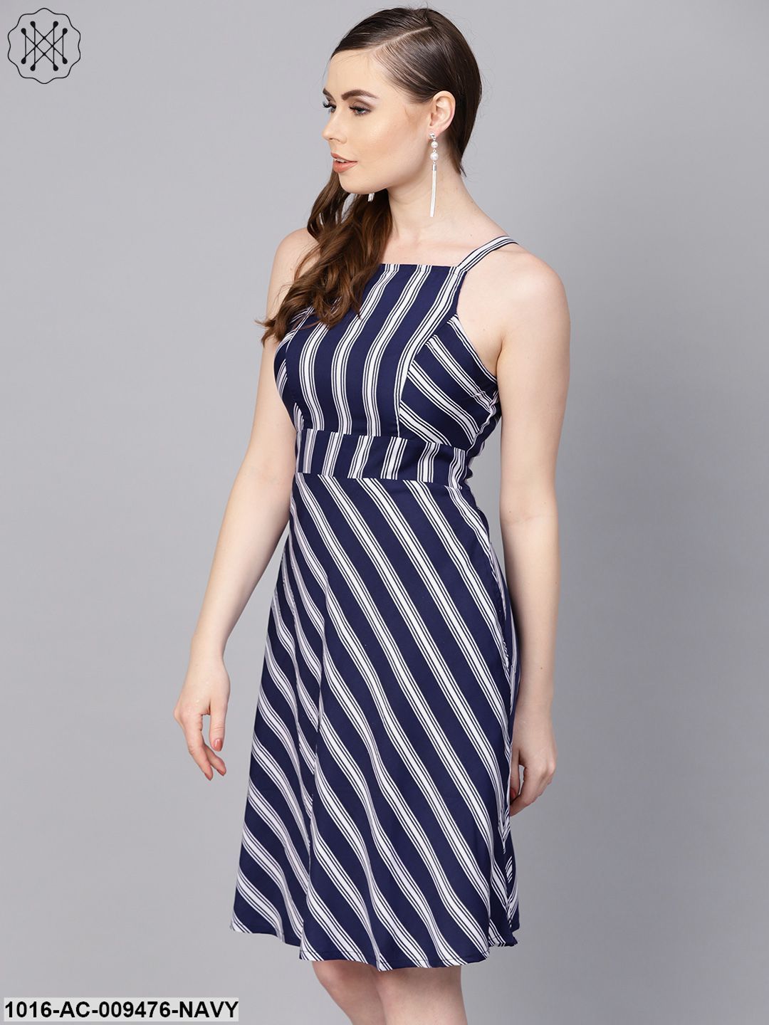 Navy Blue Striped Shoulder Strap Dress