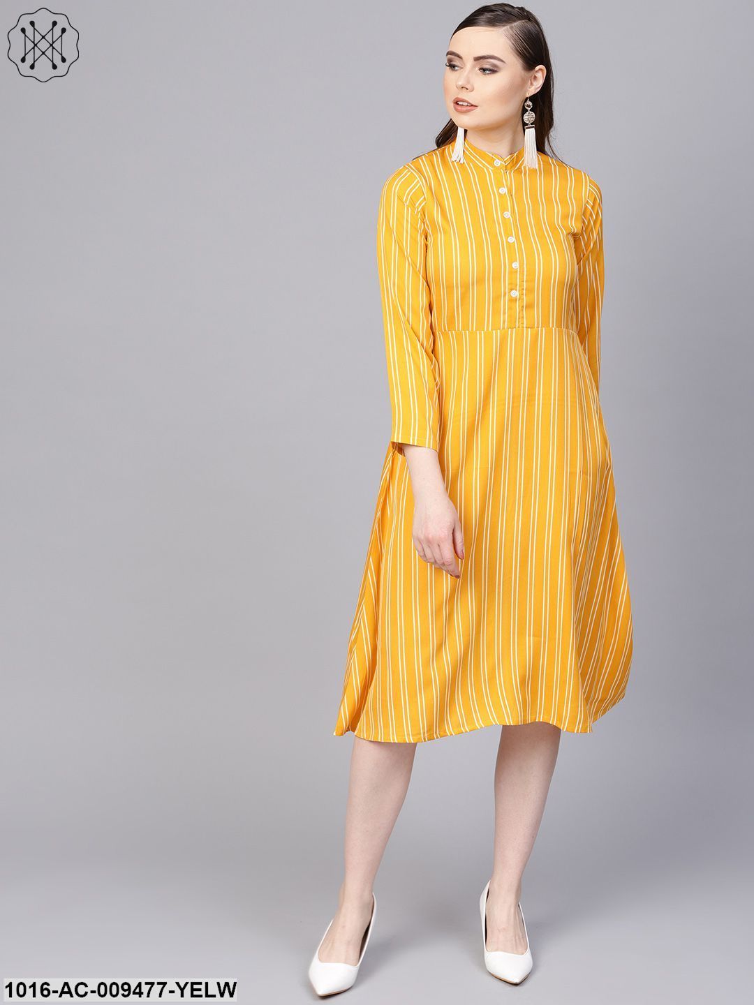 Yellow & White Striped Dress With Madarin Collar & Full Sleeves