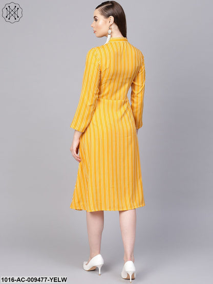 Yellow & White Striped Dress With Madarin Collar & Full Sleeves