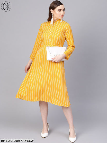 Yellow & White Striped Dress With Madarin Collar & Full Sleeves