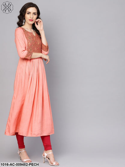 Solid Peach 3/4Th Sleeve Rayon Maxi Dress