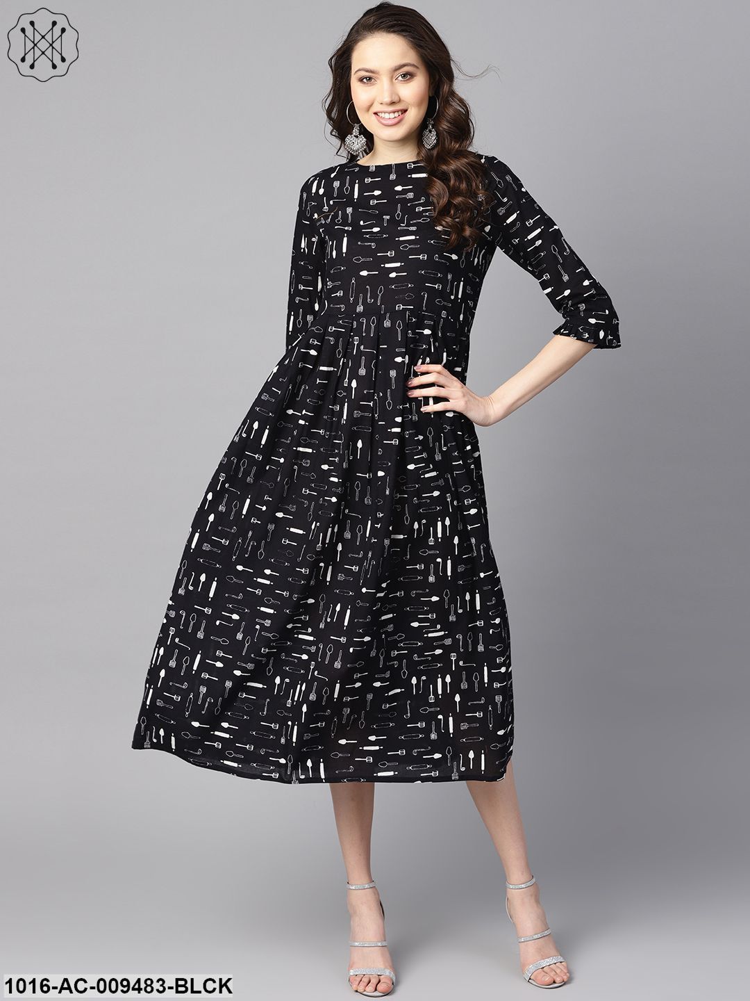 Quirky Spoon Print Box Pleated Dress With Frilled Sleeves