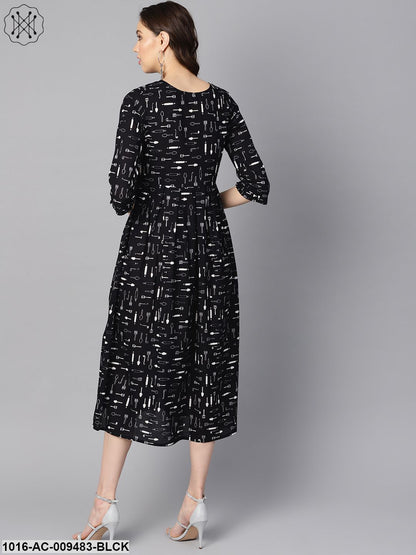 Quirky Spoon Print Box Pleated Dress With Frilled Sleeves