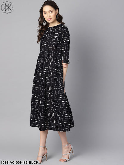 Quirky Spoon Print Box Pleated Dress With Frilled Sleeves