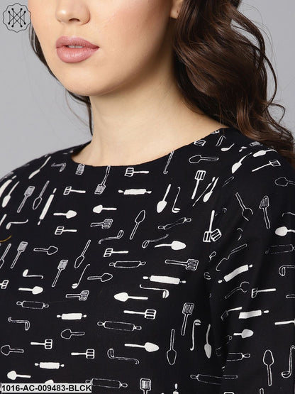 Quirky Spoon Print Box Pleated Dress With Frilled Sleeves