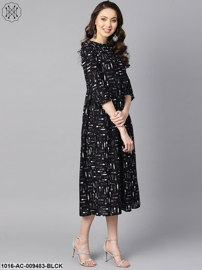 Quirky Spoon Print Box Pleated Dress With Frilled Sleeves