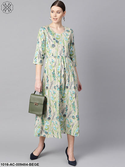 Floral Print Dress With Gathers In Centre With A Belt At The Back