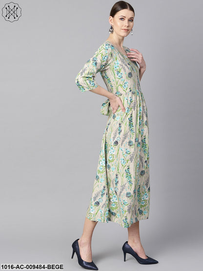 Floral Print Dress With Gathers In Centre With A Belt At The Back