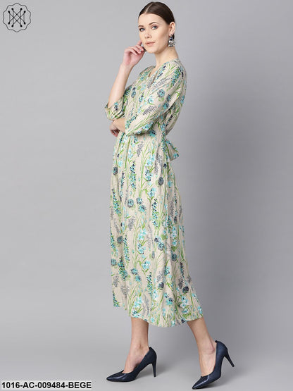 Floral Print Dress With Gathers In Centre With A Belt At The Back