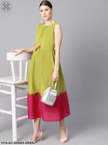 Ombre Dye Green & Pink Dress With Button And Dori Detailing