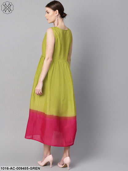 Ombre Dye Green & Pink Dress With Button And Dori Detailing