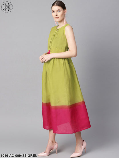 Ombre Dye Green & Pink Dress With Button And Dori Detailing