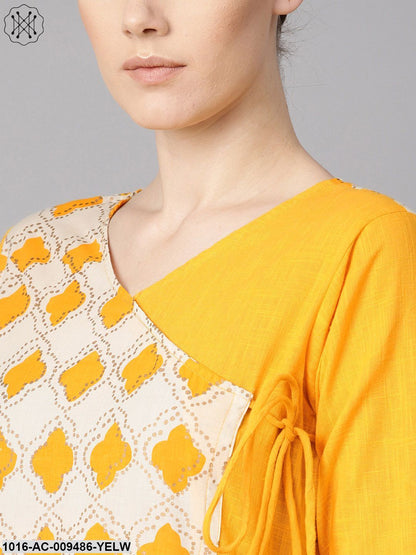 Printed Yoke Angrakha Style 3/4Th Sleeve Yellow Colored Maxi.