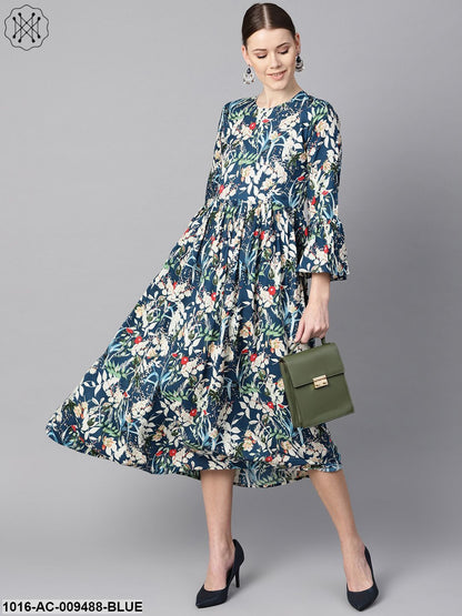 Blue Multicolored Quirky Floral Printed High Neck Back Hook Closure 3/4Th Flared Sleeves Gathered Dress.