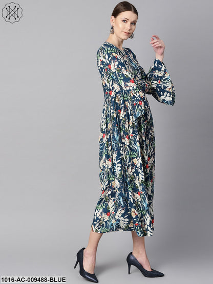 Blue Multicolored Quirky Floral Printed High Neck Back Hook Closure 3/4Th Flared Sleeves Gathered Dress.
