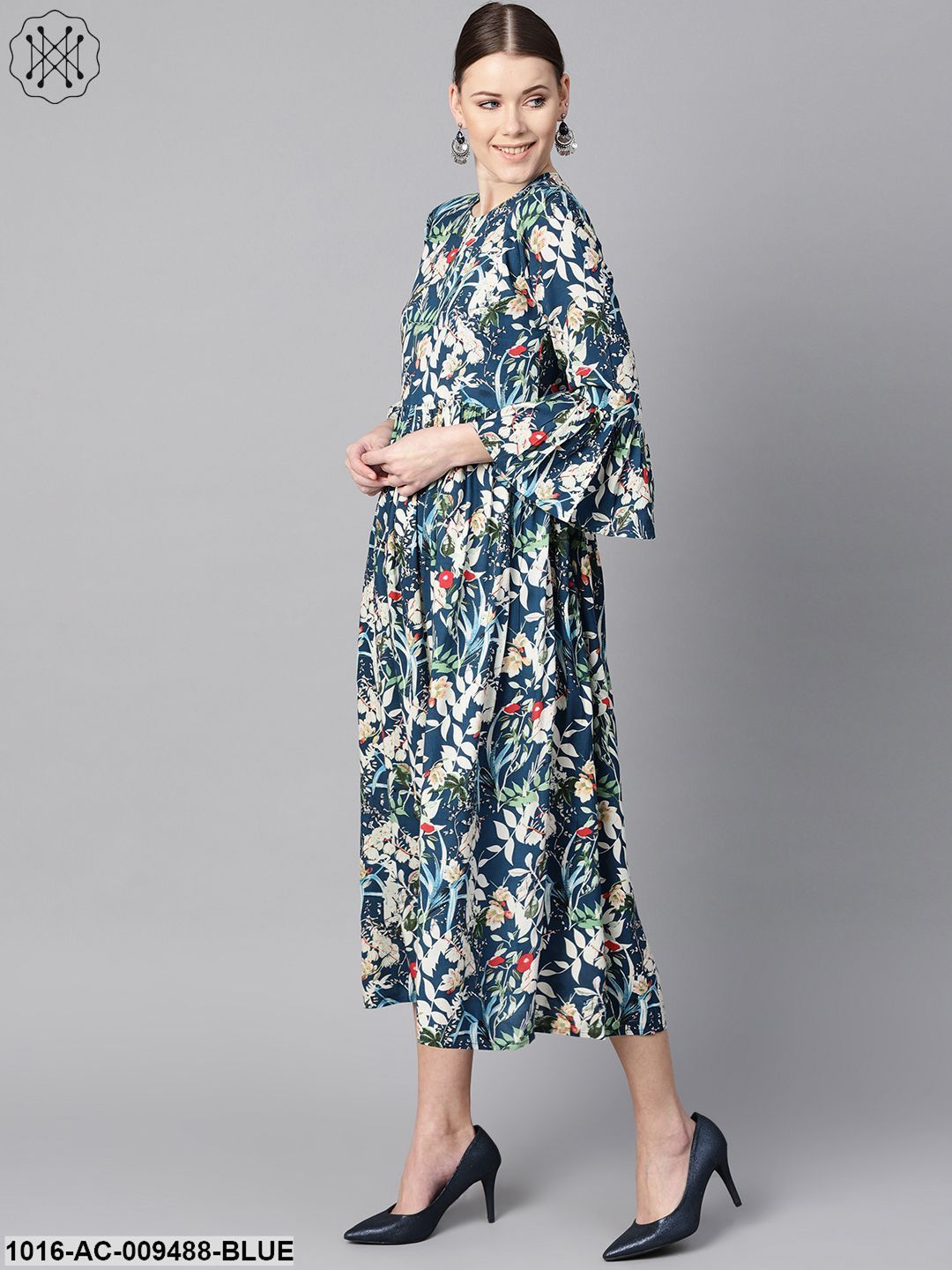Blue Multicolored Quirky Floral Printed High Neck Back Hook Closure 3/4Th Flared Sleeves Gathered Dress.