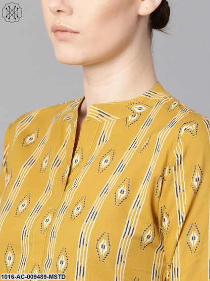 Mustard Yellow Color Ikat Printed Chinese Collar Dress With Placket Opening.