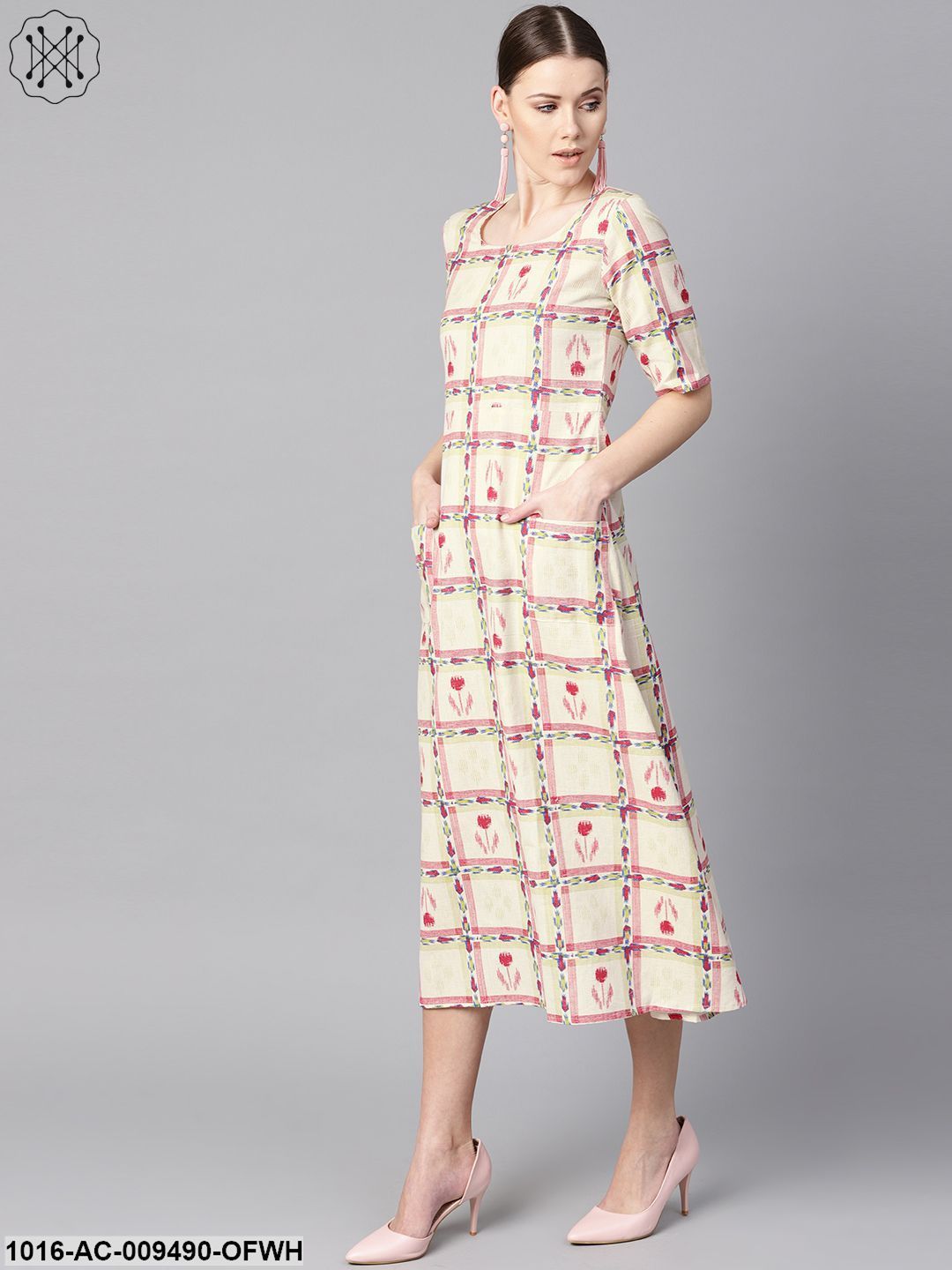 White Floral Ikat Print Square Neck Aline Dress With Front Pockets.