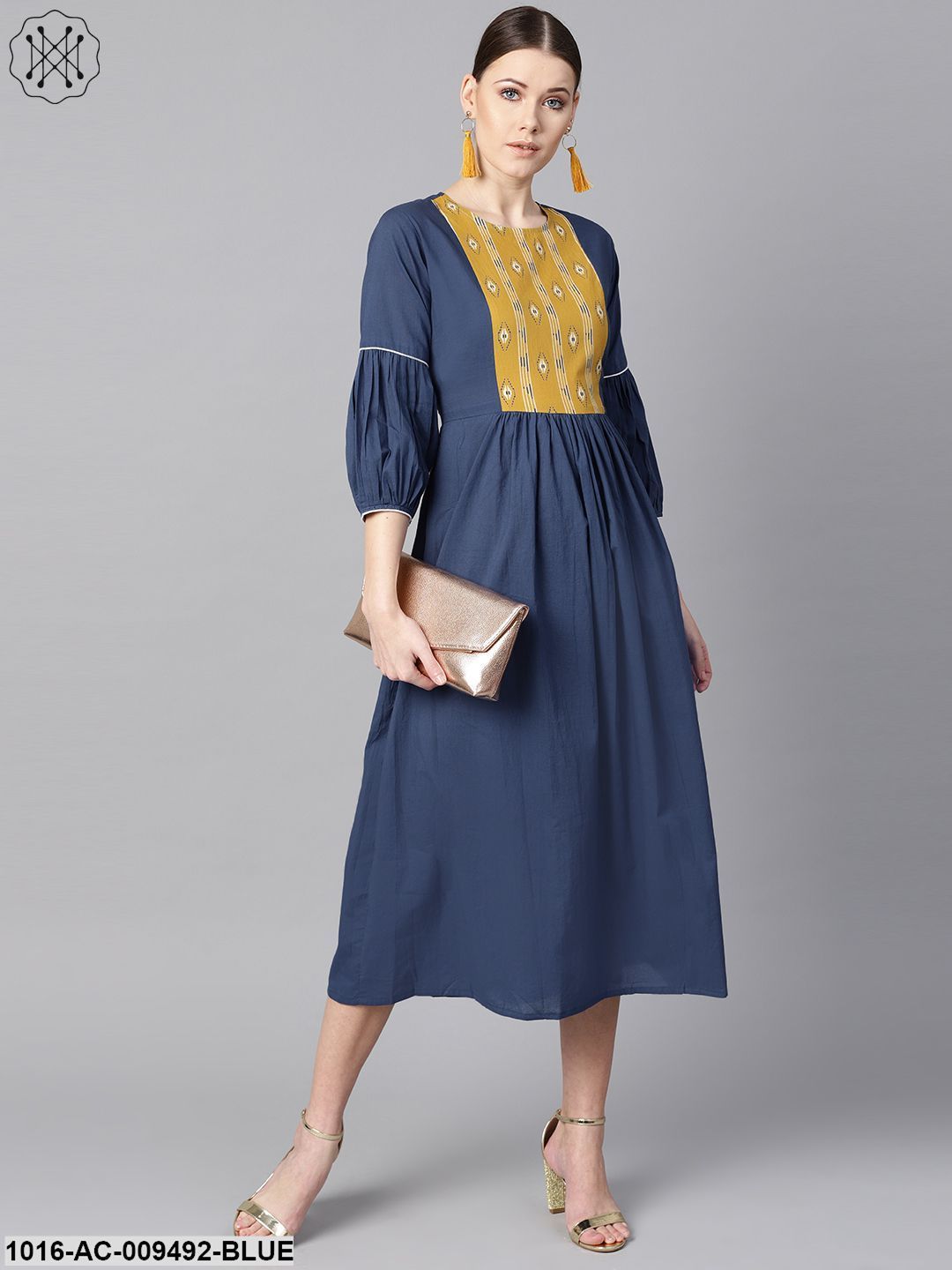 Solid Blue Dress With Front Printed Yoke & Pleated Sleeves