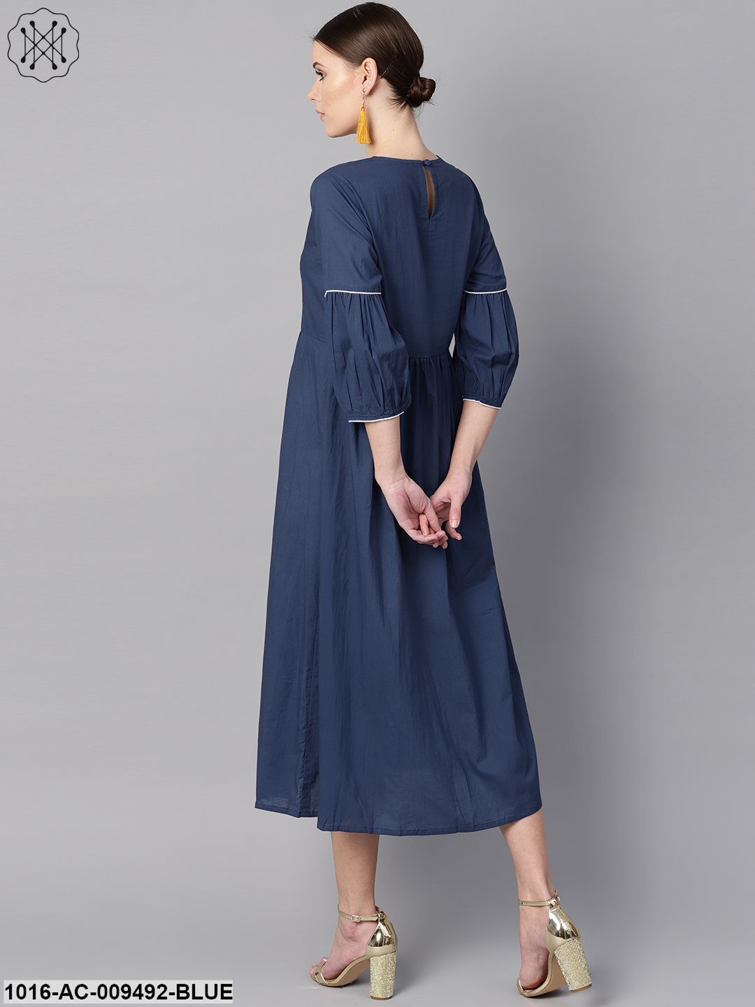 Solid Blue Dress With Front Printed Yoke & Pleated Sleeves
