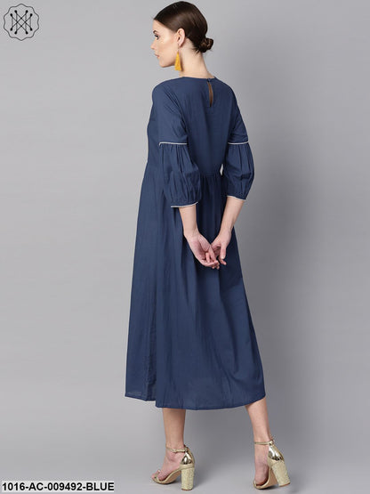 Solid Blue Dress With Front Printed Yoke & Pleated Sleeves