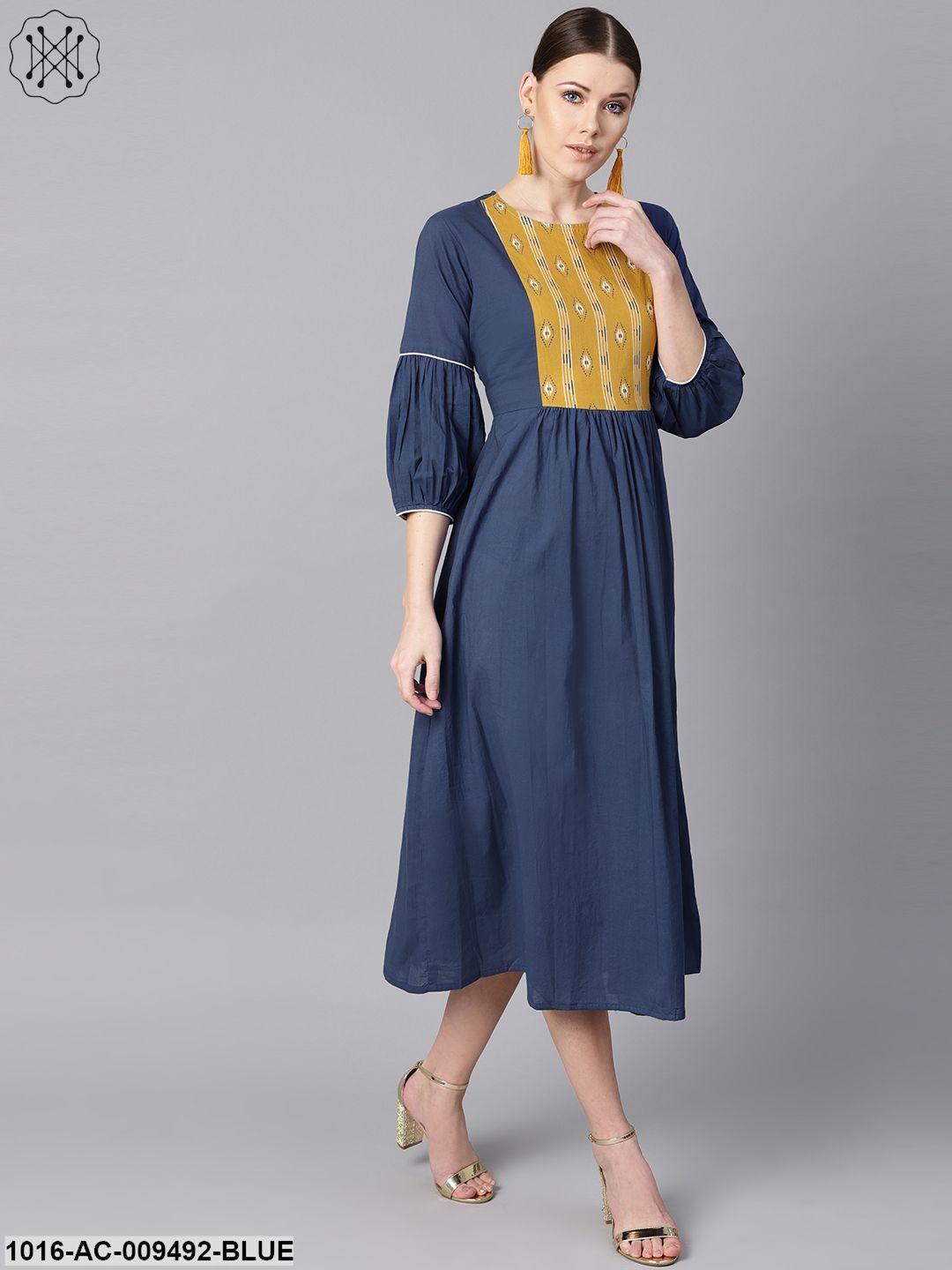 Solid Blue Dress With Front Printed Yoke & Pleated Sleeves