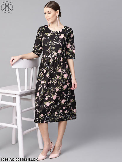 Black Floral Dress With Round Neck & Half Sleeves
