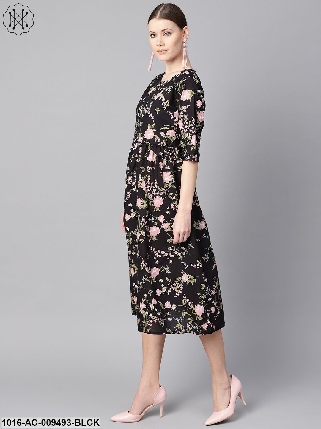 Black Floral Dress With Round Neck & Half Sleeves