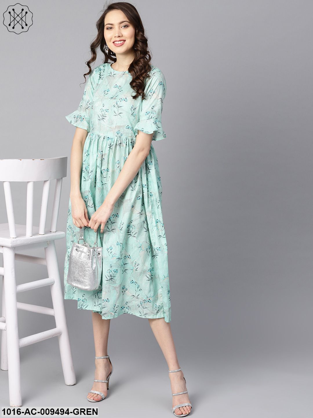 Sky Blue Floral Printed Dress With Flared Sleeves