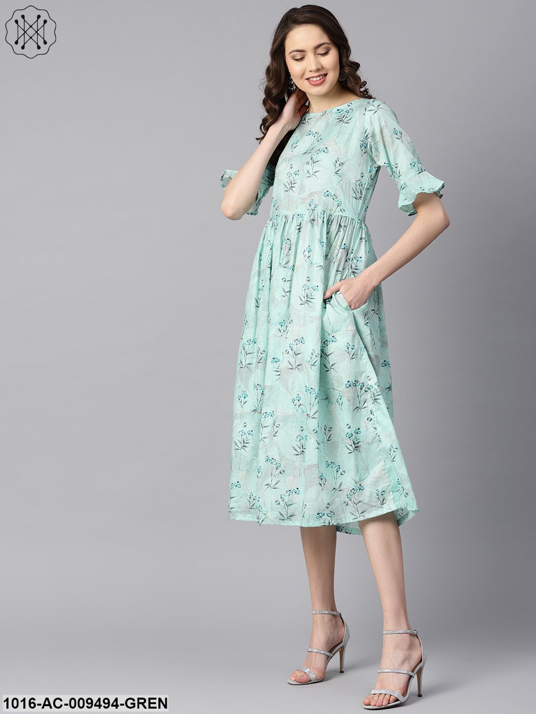 Sky Blue Floral Printed Dress With Flared Sleeves