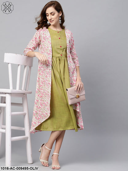 Olive Green A-Line Dress With White Floral Printed Jacket