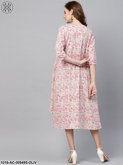 Olive Green A-Line Dress With White Floral Printed Jacket