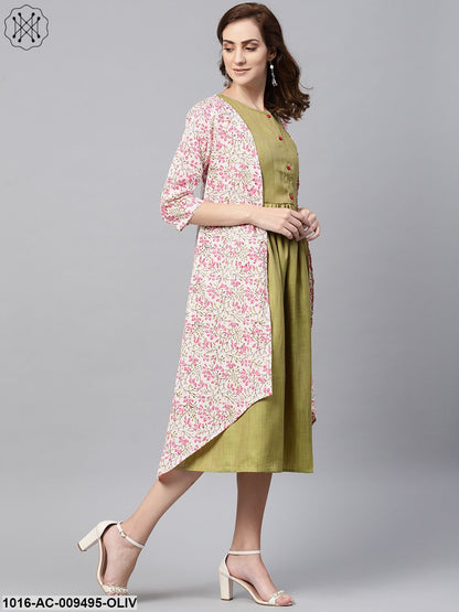 Olive Green A-Line Dress With White Floral Printed Jacket