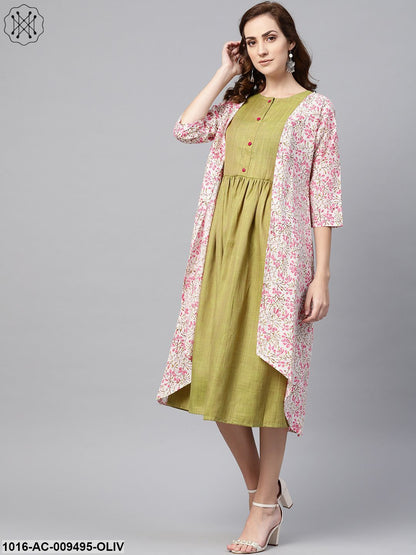 Olive Green A-Line Dress With White Floral Printed Jacket