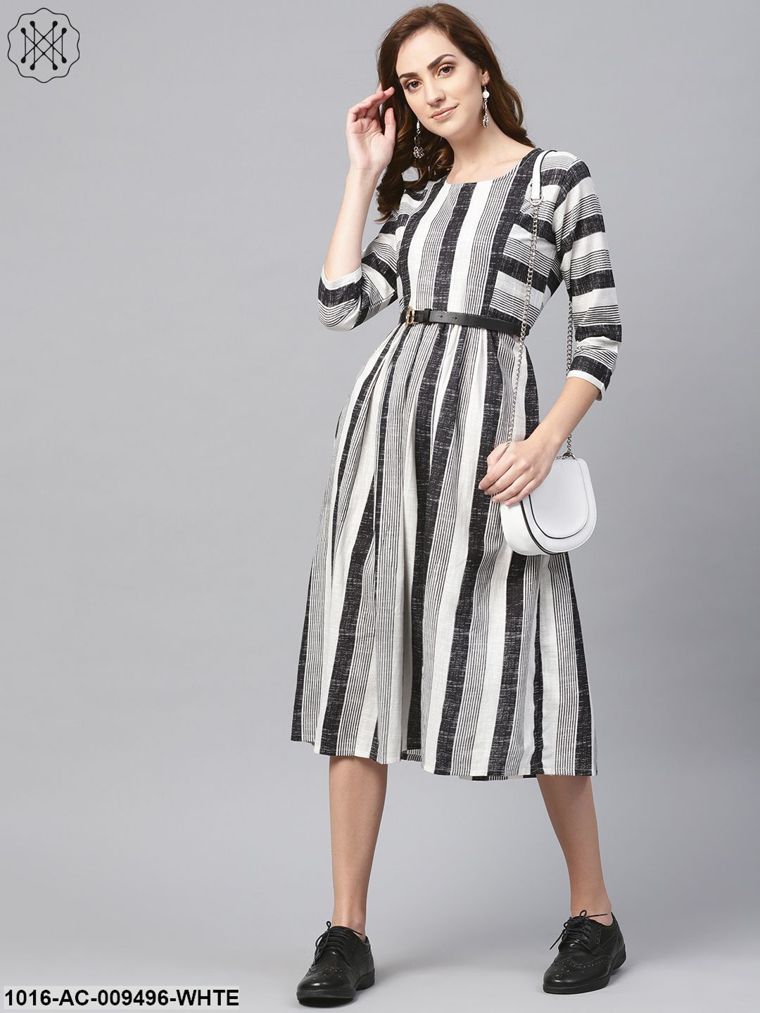 Black & Wihte Stripped Dress With Round Neck & 3/4 Sleeves