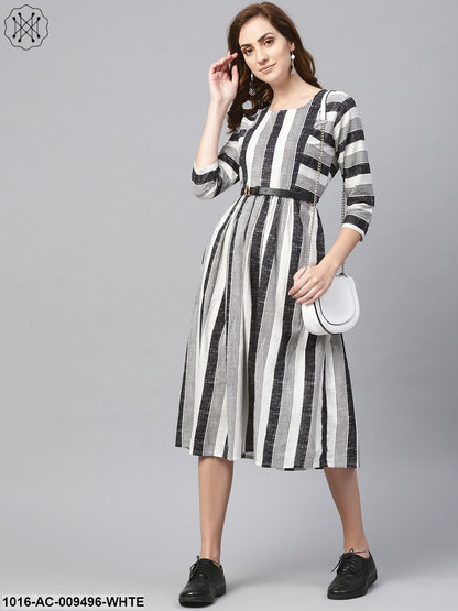 Black & Wihte Stripped Dress With Round Neck & 3/4 Sleeves