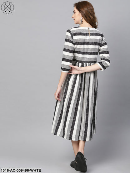 Black & Wihte Stripped Dress With Round Neck & 3/4 Sleeves
